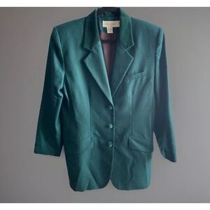 Vintage Casual Corner Long Cut Equestrian Jade‎ Green Wool Blazer Jacket Size 14